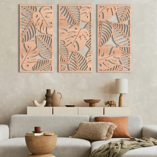 Large Wood Tropical Wall Art 15.9X32 Inch Carved Palm Leaves Wall Decor Coastal Leaf Monstera Plant Wall Sculptures for Living Room Bedroom Set of 3