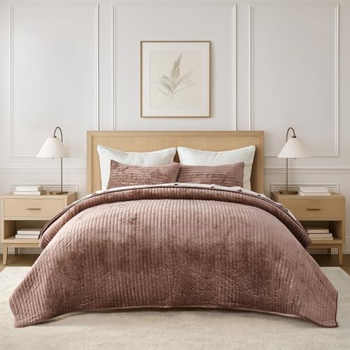 Stripe Channel Luxury Velvet Quilt Set Queen Size Terracotta Clay
