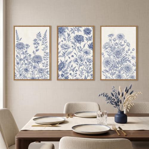 Blue White Chinoiserie Floral Framed Canvas Wall Art