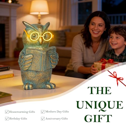 Reading Owl Statue with Solar Glasses Garden Decor Gift for Women