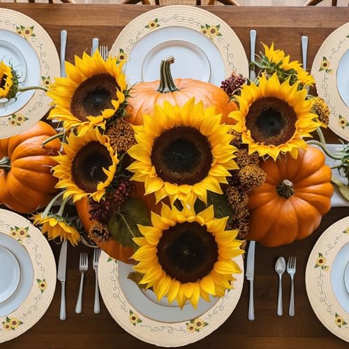 4Pcs Sunflower Embroidered Placemats Spring Summer Floral Round Place Mats Dinner Table Mats for Home Holiday Birthday Baby Shower Party Decor (4 Count)