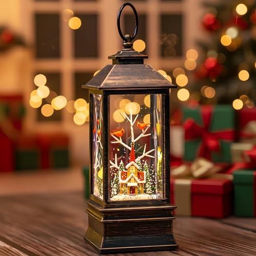 Christmas Snow Globe Lantern Water Glittering Cardinal & Church with Music & Timer