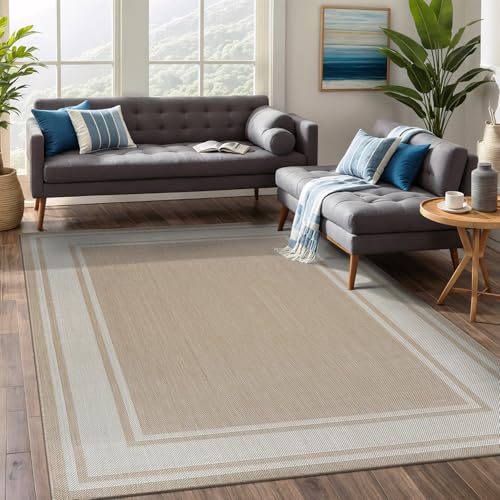 Outdoor Rug 5x7 Modern Bordered Area Rugs for Indoor and Outdoor Patio Deck Porch Garden Waterproof Weather Sun Resistant Washable Outside Carpet (35 Sq Ft)