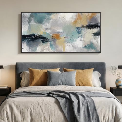 Large Framed Gray Teal Abstract Wall Art for Living Room