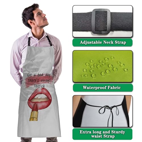 Kitchen Apron for Women Red Lips Quotes on a Bad Day There’s Always Lipstick Funny Aprons for Men for Cooking Restaurant BBQ Painting Crafting Gardening 27”
