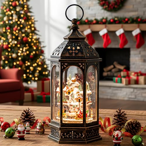 Animated Christmas Village Buildings with Moving Figurines Lighted Water Lantern