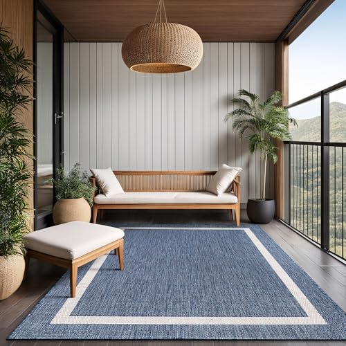 Bordered Outdoor Rug 6x9 Washable Outside Carpet for Indoor Patio Porch Waterproof Easy Cleaning Non Shedding Area Rugs Blue 6 x 9