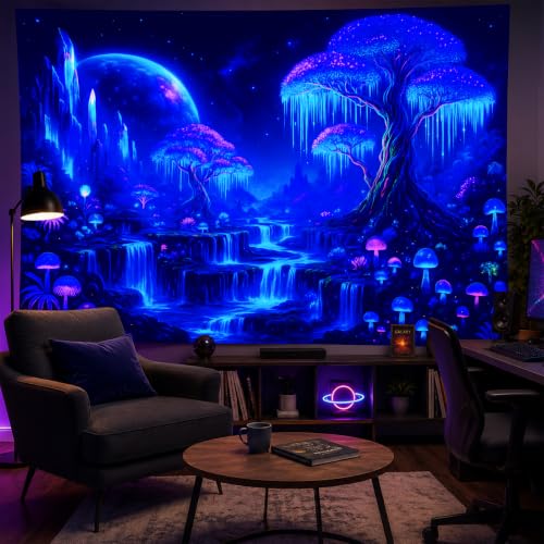 Blacklight Tapestry Forest Waterfall Wall Hanging 78 x 59 Inch