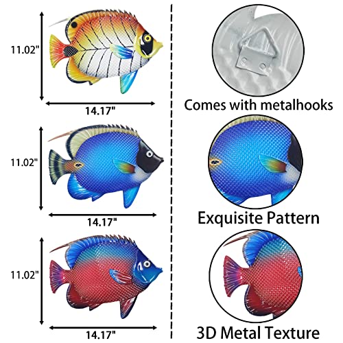 Metal Fish Sea Wall Decor Outdoor Garden Hanging Art Sculptures Home Ocean Theme Decorations for Kitchen Bathroom and Pool (3 Count)