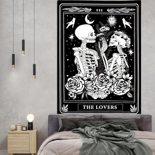 The Lovers Skull Tapestry Gothic Tapestry Vertical Black and White Skeleton Gothic Witch Sun Moon Floral Plant Snake Tapestries Wall Hanging Decor for Bedroom Dorm Room 50 x 60 Inches