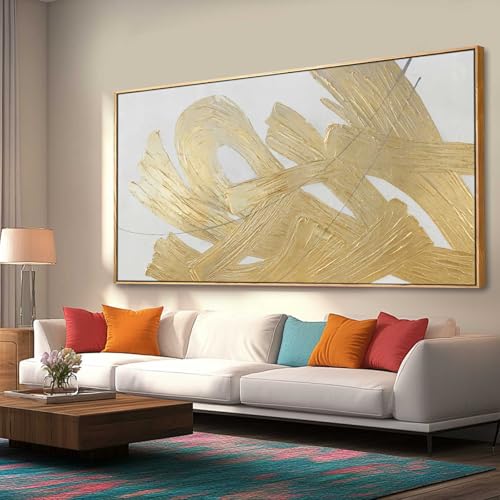 White and Gold Wall Painting Neutral Wall Decor Modern Abstract Wall Art Minimalist Art 29"x58" Artwork for Living Room Kitchen Dining Room