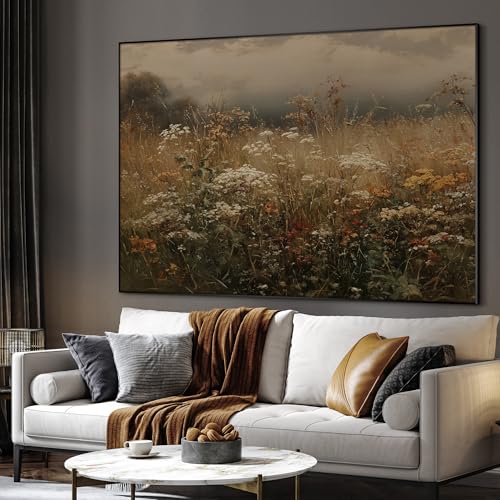 46"x60" Extra Large Framed Wall Art Autumn Meadow Landscape Rustic Brown and Golden Field Illustration for Home Living Room Bedroom Decor