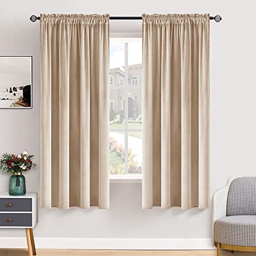 Camel Beige Blackout Velvet Curtains Drapes 63 Inch Long 52"x63" (2 Count)