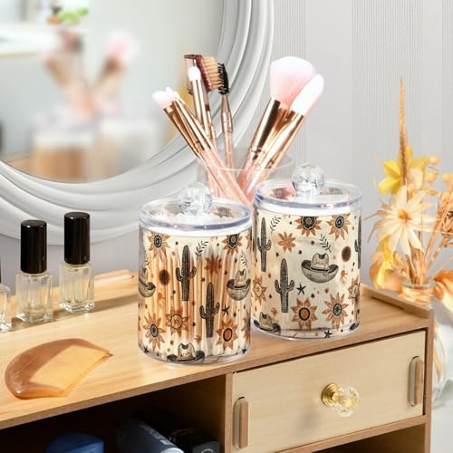 2 Pack Qtip Holder Organizer Dispenser Western Cowboy Hats Suns Cactus Bathroom Storage Canister Cotton Ball Holder Container for Cotton Pads (2 Count)