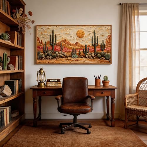 3D Textured Cactus Arizona Desert Framed Canvas Wall Art 40x20 Inch