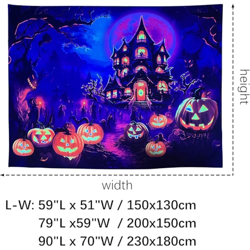 Blacklight Halloween Castle Tapestry 59"x51" Pumpkins Ghosts Background Bedroom Aesthetic Hippie Room Decor Glow in The Dark Wall Poster for Halloween Easter
