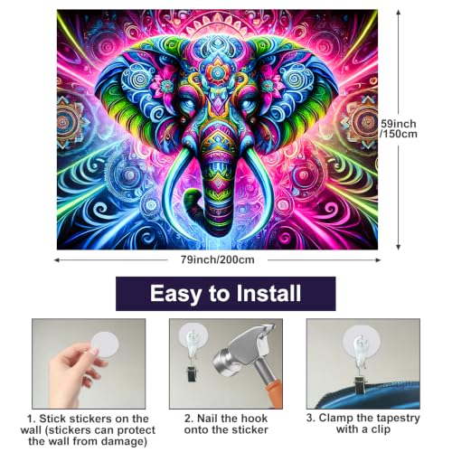 Blacklight Tapestry Elephant Mandala Wall Art 78 x 59 Inch