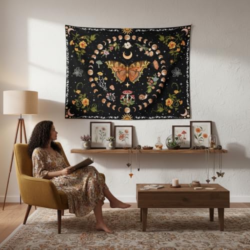 Orange Butterfly Moon Flower Tapestry Botanical Floral Plant Boho Tapestry for Bedroom Aesthetic Vintage Tapestries Wall Hanging for Living Room Dorm