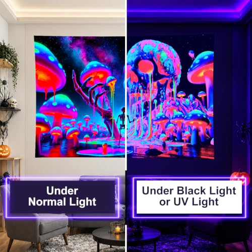 Blacklight Tapestry Skull Mushroom Neon Decor 78 x 59 Inch