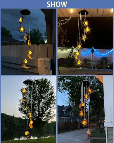 Solar Wind Chimes for Outside with Sun Moon Star Solar Hanging Lights Windchimes Outdoors Garden Decor Gifts for Mother