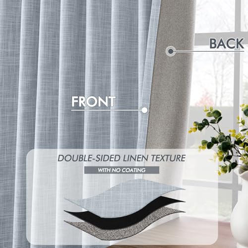 Light Blue 100% Blackout Linen Curtains 84 Inch 2 Panels Set Double Sided No Coating Pleated Back Tab Black Out Long Thermal Insulated Pinch Pleat Bedroom Living Room Darkening Window Drapes (2 Count)