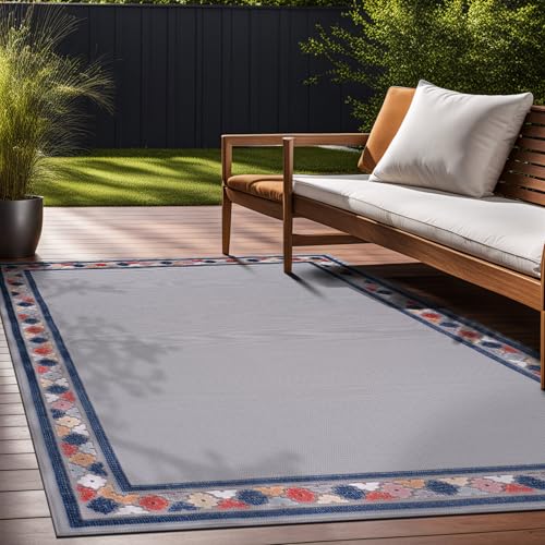 Outdoor Rug 5x7 Modern Bordered Area Rugs for Indoor and Outdoor Patio Easy to Clean Non Shedding Living Room Porch Garden Washable Outside Carpet