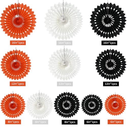 Honeycomb Round Paper Fans Black Orange Hanging Party Decoration (11 Count)