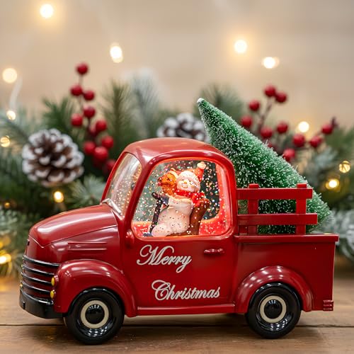 Christmas Snow Water Lantern Glittering Snowman and Pup in Red Truck with Christmas Tree