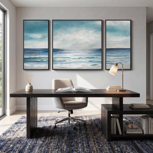 Extra Large Framed Blue White Coastal Wall Art for Living Room (3 Count)
