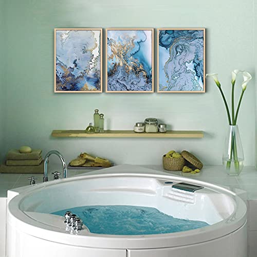 Natural Wood Framed Wall Art For Living Room Large Wall Decoration For Bedroom Office Wall Decor Minimalist blue Abstract Wall Painting Watercolor Wall Pictures Home Decor 3 Piece Framed Art Prints (3 Count)