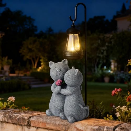 Outdoor Cat Garden Statues with Solar Lantern