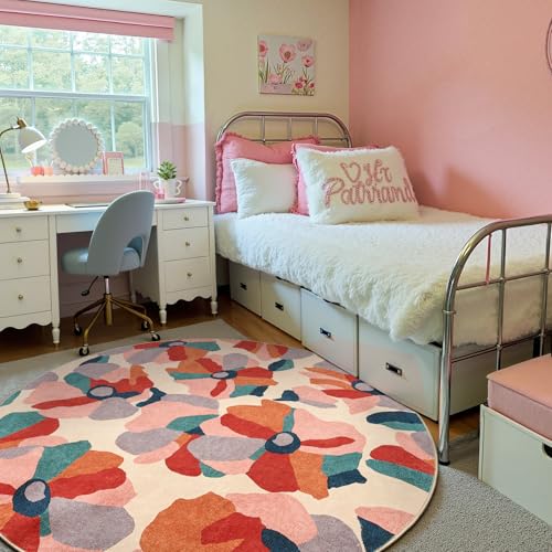 5ft Floral Round Rug Washable Living Room Rug Colorful Cute Bloom (19.63 Sq Ft)