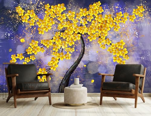 Yellow Flower Tree Wall Mural Purple Background Wallpaper