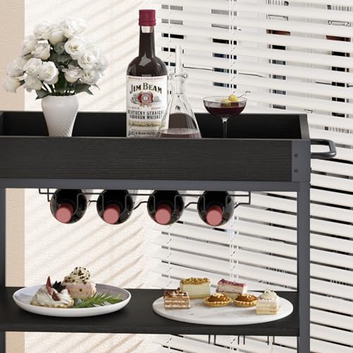 Bar Cart Serving Wine 3 Tier Home Rolling Rack with Wheels Mobile Kitchen Industrial Vintage Style Wood Metal Serving Trolley Serving Cart