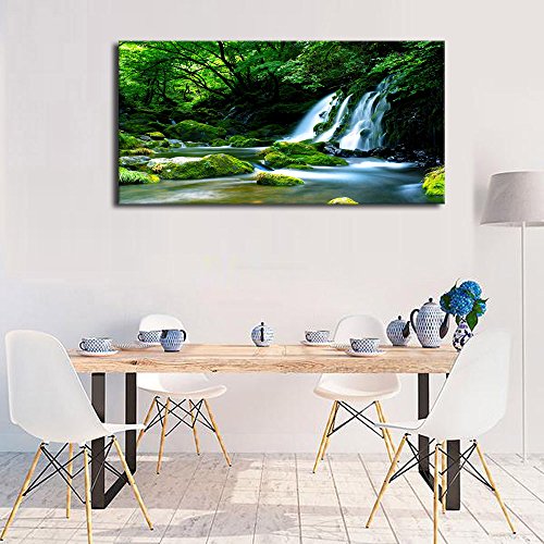 Waterfall Canvas Wall Art Living Room Decoration Large Nature Picture Artwork Modern Landscape Painting Green Forest Prints for Kitchen Office Wall Decor Home Decorations 24" x 48"
