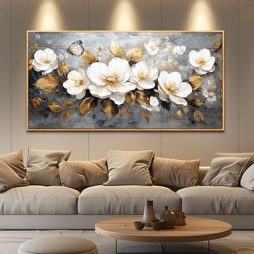 Wood Framed Canvas Wall Art For Living Room Large Wall Decor For Office Bedroom Decoration White Flower Pictures Farmhouse Painting Artwork Room Wall Mural Aesthetic Home Decor 32x72
