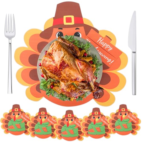 15'' Thanksgiving Turkey Placemats Set of 6 Washable Thanksgiving Leather Place Mats Nonslip Turkey Shape Fall Table Mats for Holiday Autumn Harvest Party Kitchen Dining Tableware Decorations (6 Count)