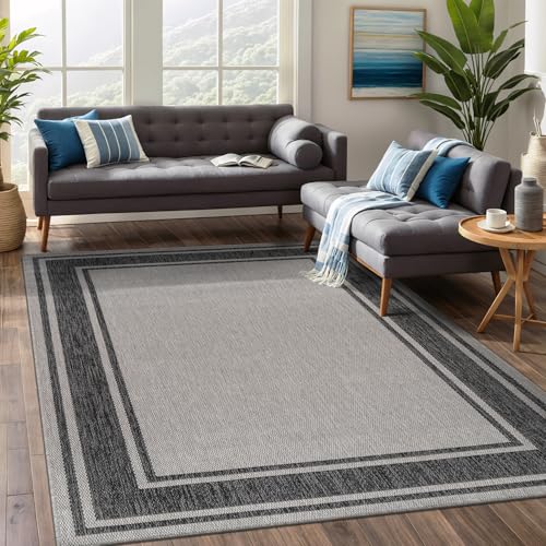 Outdoor Rug 6x9 Modern Bordered Area Rugs for Indoor and Outdoor Patio Deck Porch Garden Waterproof Weather Sun Resistant Washable Outside Carpet (54 Sq Ft)