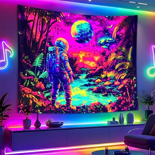 Blacklight Space Astronaut Tapestry UV Reactive Galaxy Planet Glow in Dark Tapestries Black Light Poster Neon Wall Hanging Art for bedroom Living Room