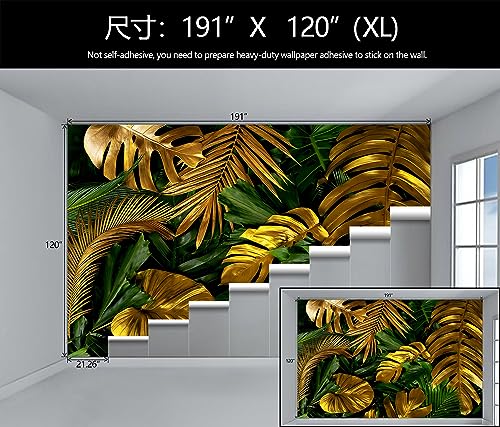 Gold and Green Tropical Jungle Palm Leaf Mural Wallpaper for Bedroom
