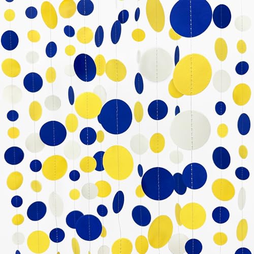 46Ft Navy Blue and Yellow Circle Dots Garland Royal Blue Yellow White Hanging Paper Polka Dot Streamer for Graduation Birthday Wedding Bridal Shower Nautical Ahoy Achor Party Decorations Supplies