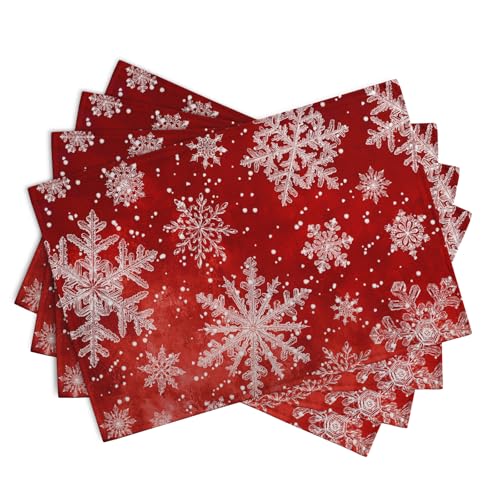 Red Snowflake Xmas Placemats Set of 4 Merry Christmas Snowflakes Linen Fabric Table Mats Seasonal Winter Holiday Washable Place Mats for Party Kitchen Dining Outdoor Indoor Decor