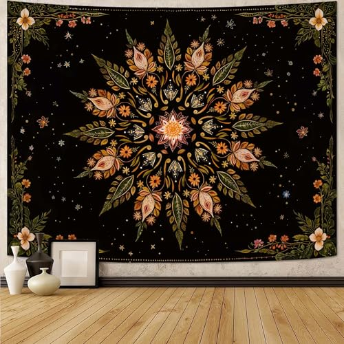 Boho Floral Mandala Tapestry for Bedroom Aesthetic Vintage Bohemian Flower Wall Tapestry Black Green Hippie Indian Small Tapestries Wall Hanging for Living Room Dorm Decor 40 x 30 Inch