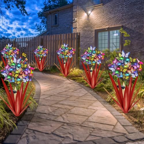 Solar Metal Agave Butterfly Flower Stick Garden Sculpture (3 Count)