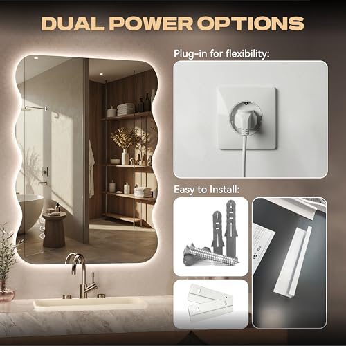 28"x20" Wavy Mirror with Lights Frameless Backlit LED Wall Mirror