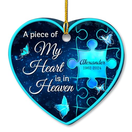 Personalized Memorial Ornaments A Piece of My Heart is in Heaven Ceramic Christmas Ornament in Loving Memory Sympathy Remembrance Keepsake Lost Loved One Gifts Xmas Tree Decorations