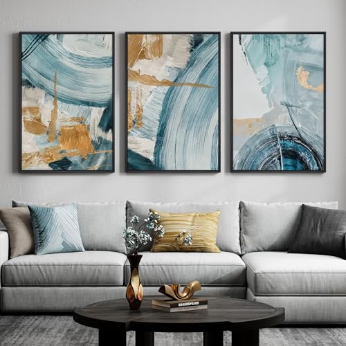 Large Framed Blue and Gold Abstract Wall Art for Living Room (3 Count)