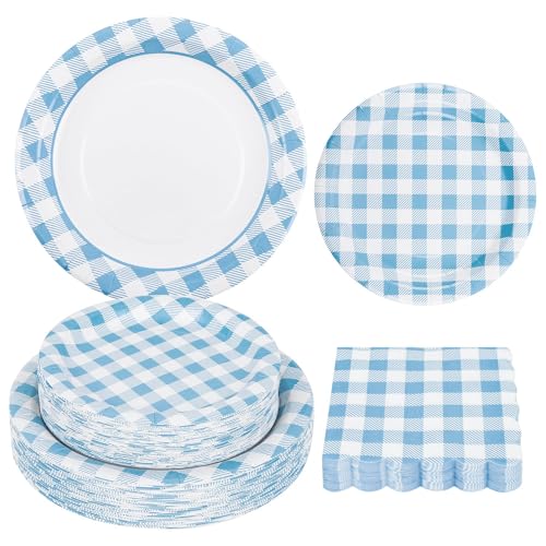 150 Pcs Light Blue Gingham Paper Plates and Napkins (150 Count)