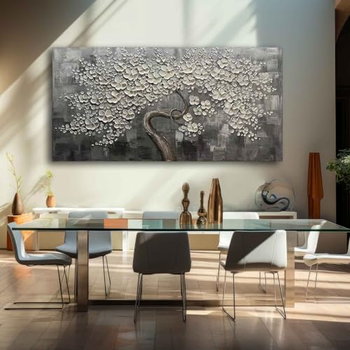 Flower Tree Wall Art Painting for Living Room White Botanical Picture for Bedroom Office Kitchen Home Decor Wall 30x60 Inches