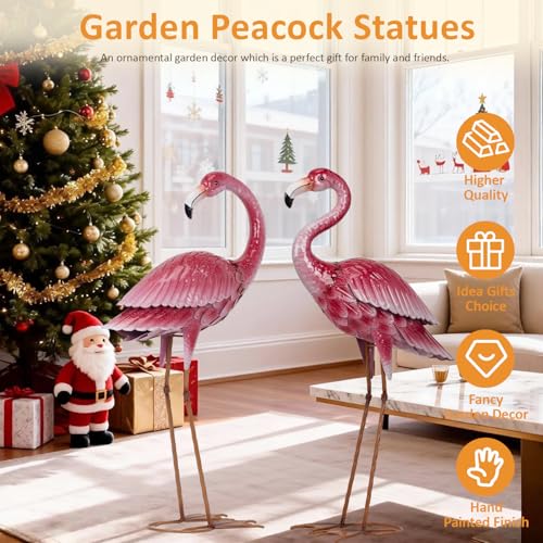 2 Pack Metal Pink Flamingo Statue for Outdoor Garden Yard Decor (2 Count)